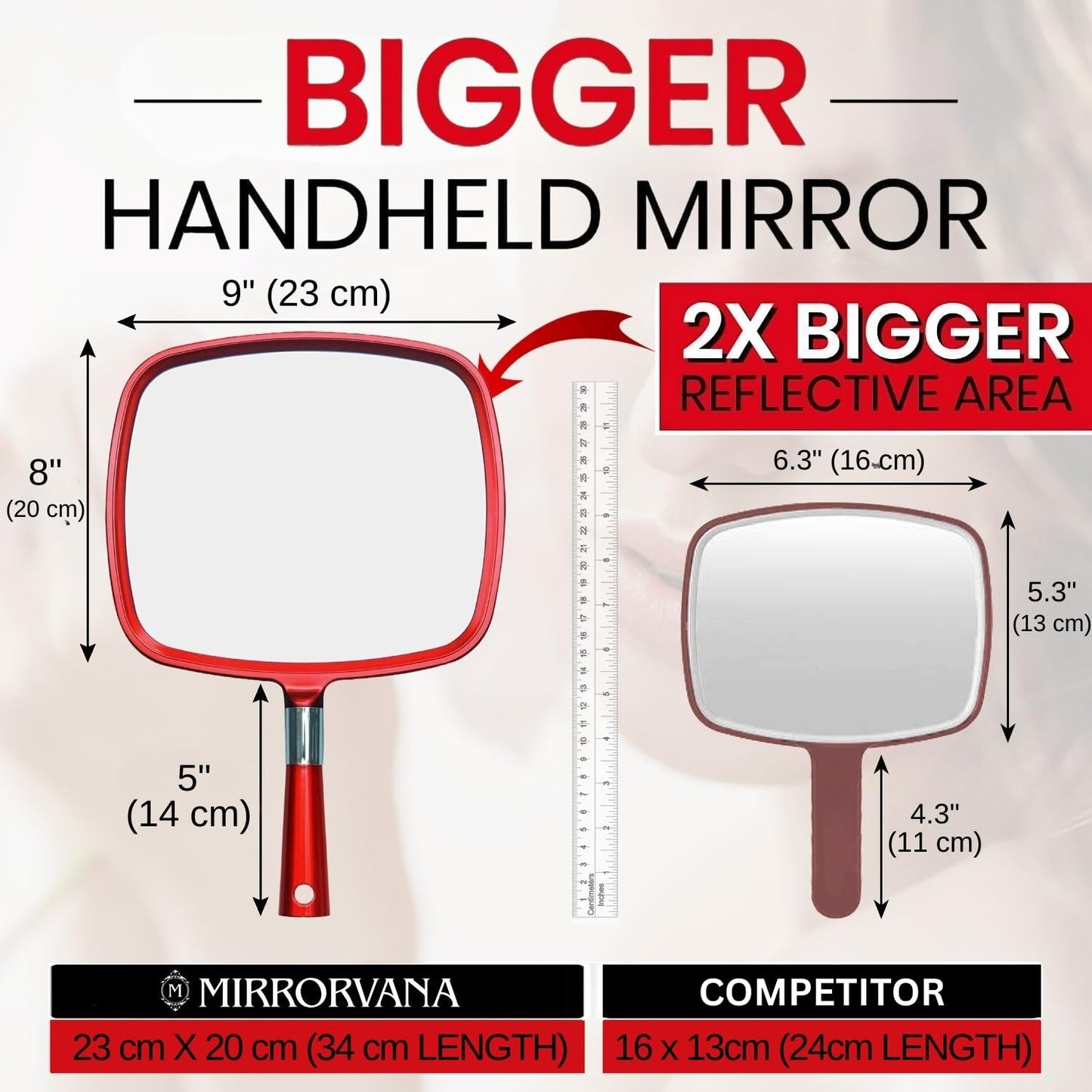 MIRRORVANA Professional Large & Comfy Hand Mirror with Ergonomic Handle for Women - Premium Sparkling Red Model (1-Pack)