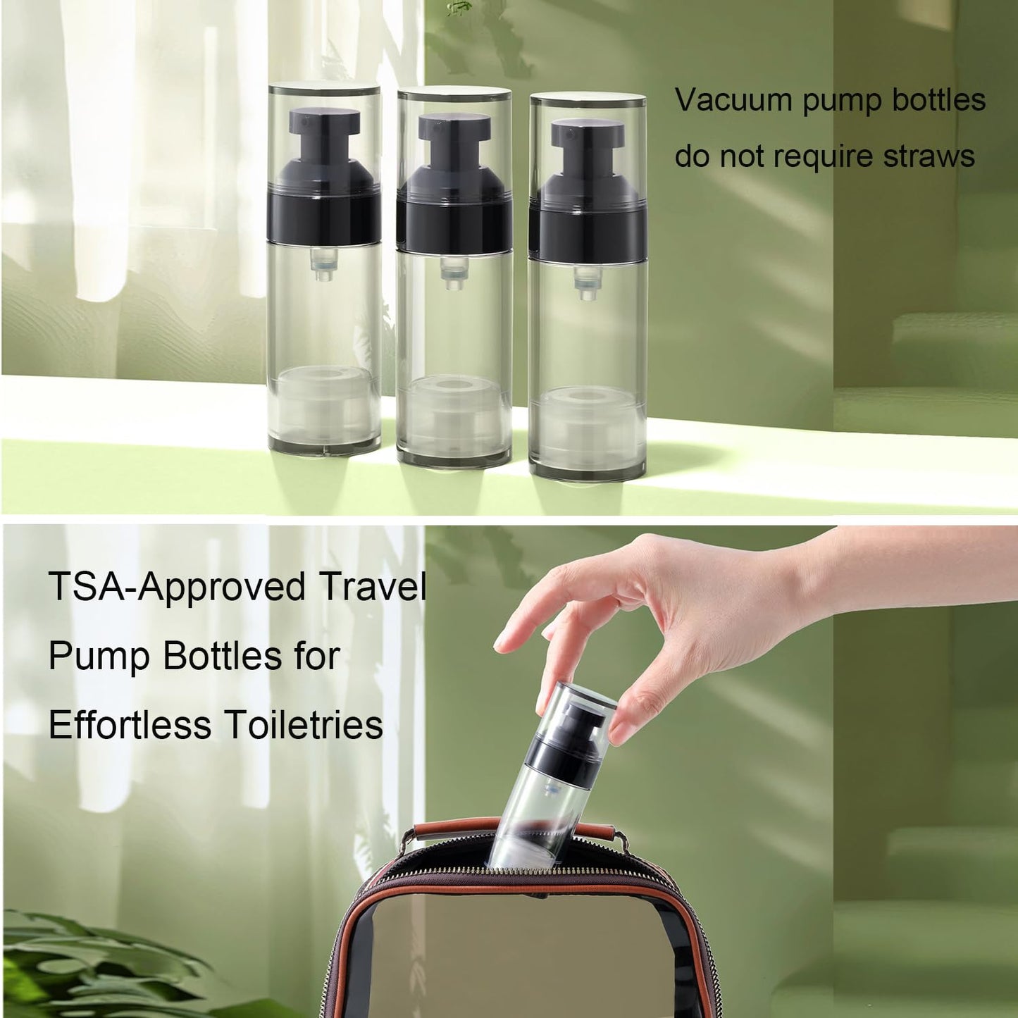 XQNCBY 5 Pack 1oz / 30ml Airless Pump Bottles for Travel: Wide Caliber Vacuum Lotion Dispenser with Clear Organizer Case, Leakproof Refillable Cosmetic Containers for Skincare, Serum, Foundation