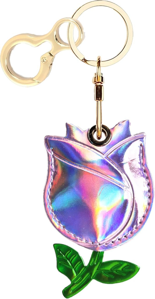 Leather Keychain Holder Case Compatible with AirTag,Cute Protective Shiny Charm Cover with Keyring,Anti-Scratch Finder GPS Tracker Case for Wallet Keys,bag,pets(Pink Rose)