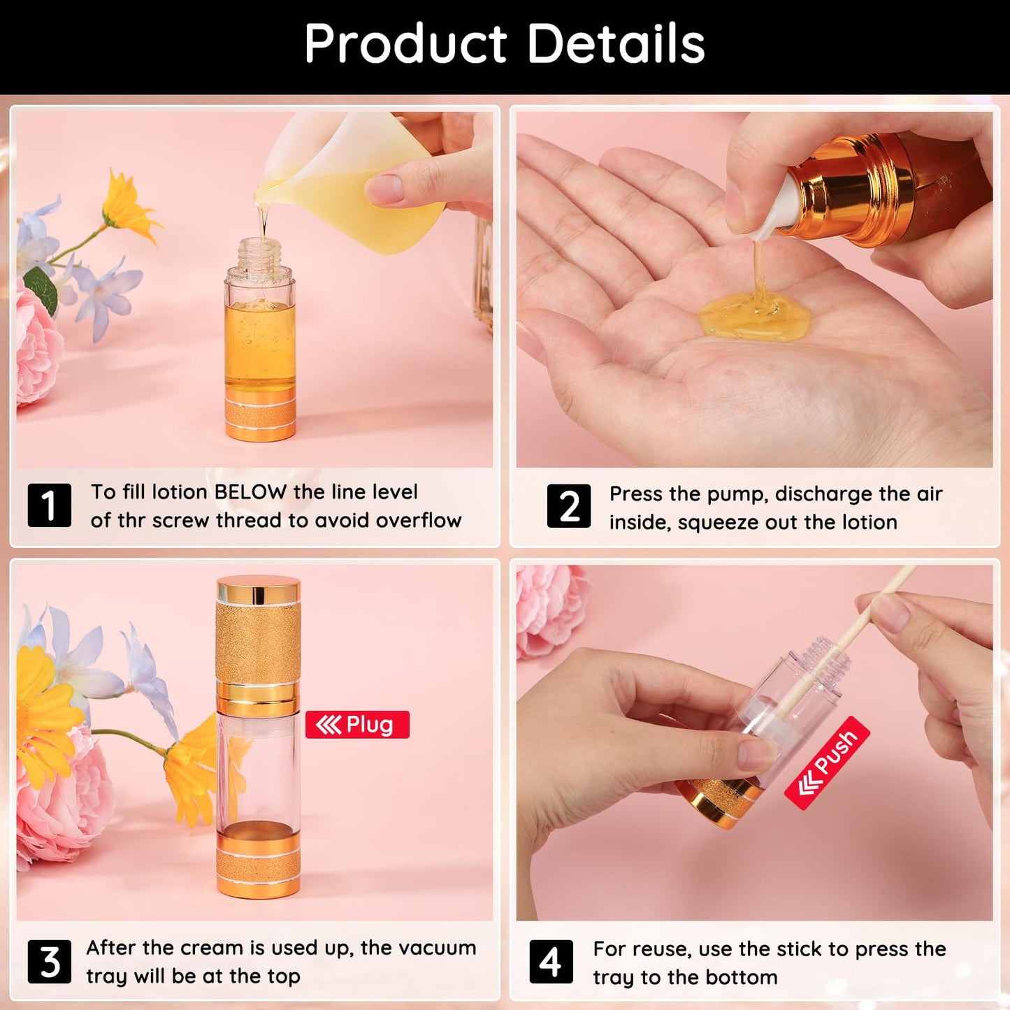 Segbeauty 1oz Airless Travel Lotion Containers for Toiletries Gold, 3pcs Mini Refillable Dispener Bottle with Pump, 30ml Empty Vacuum Cosmetic Skincare Containers for Creams, Small Travel Size Bottles