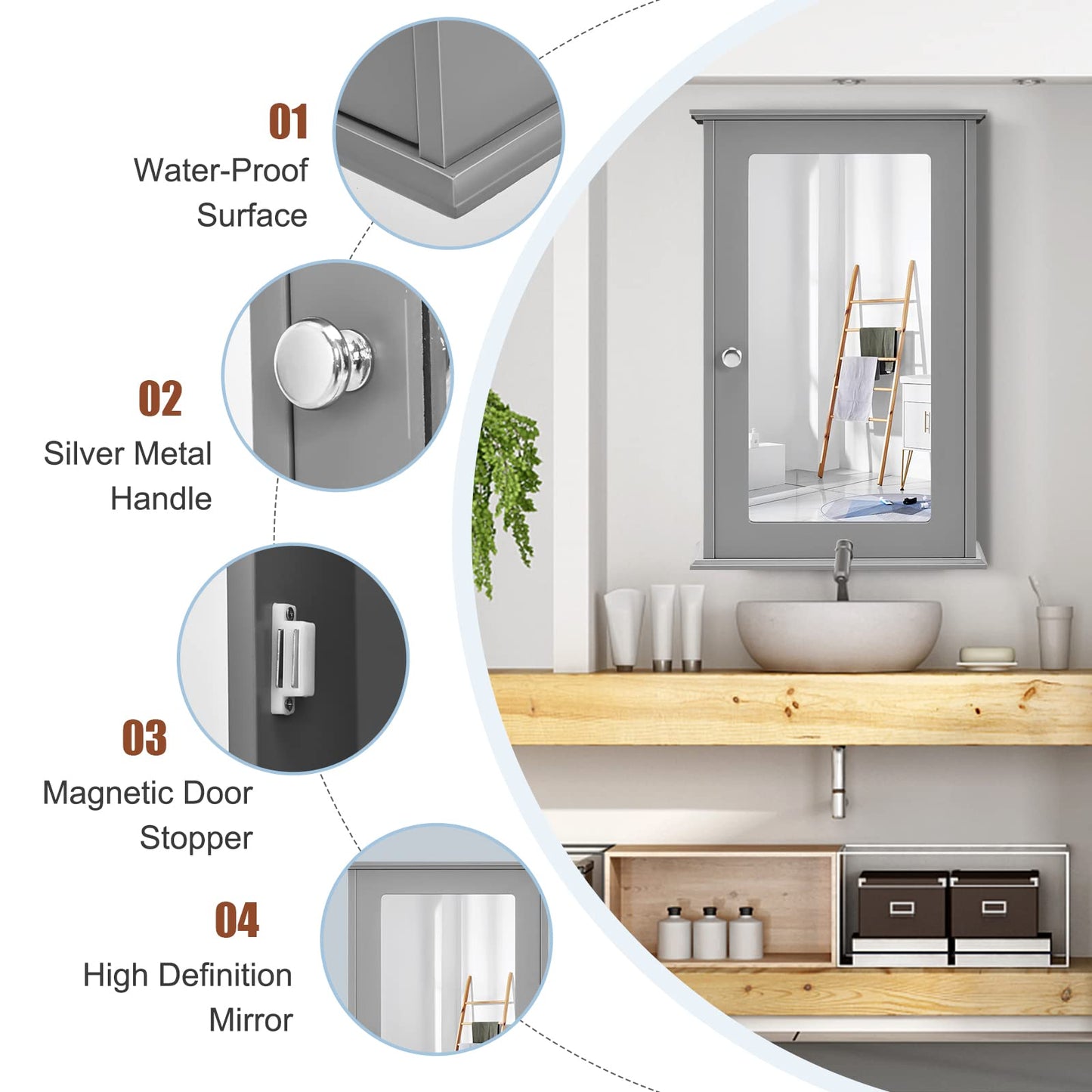 Hysache Bathroom Medicine Cabinet, Wall Mount Mirrored Storage Cabinet w/Single Mirrored Door & Adjustable Shelf, Multipurpose Wooden Organizer for Hallway Living Room Bed, 13.5" L x 6" W (Gray)