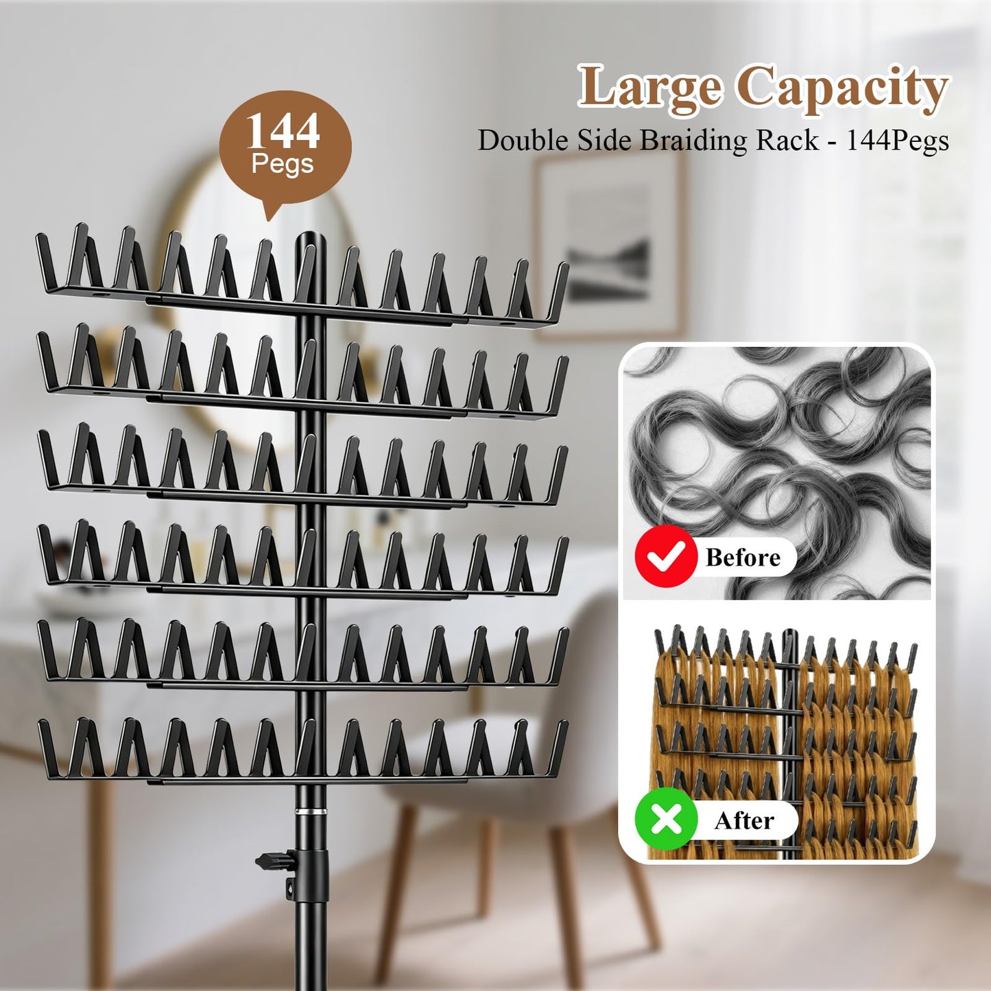 Eastdone Braiding Hair Rack Standing Extension Holder Hanger, 144 Pegs Divider for Separator Stand Display (Black)