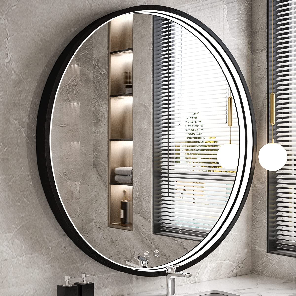 FTOTI 36" Round LED Bathroom Mirror, Dimmable Anti-Fog Vanity Mirror with Touch Control, 6000K Natural Light, Black Metal Frame, Wall Mounted for Makeup Shaving (IP54, 90+ CRI)