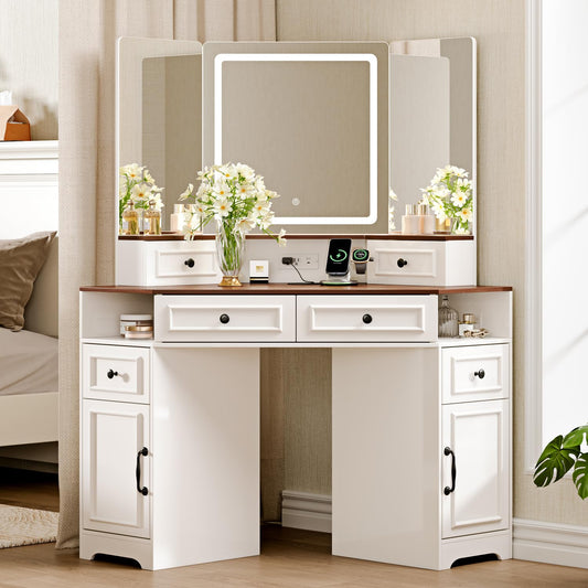GRUTEUNIT Corner Vanity Desk with Mirror and Lights,Makeup Vanities with Power Outlet and 6 Drawers, 3 Light Settings, Dimmable for Women Girls, Bedroom, White
