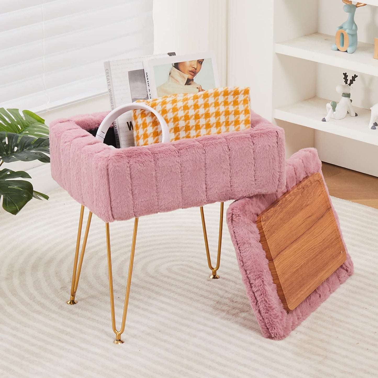 Wimarsbon Faux Mink Fur Storage Ottoman, Modern Soft Footstool, Storage Bench with Metal Legs, Vanity Seat, Fur Stool, Ottoman Coffee Table, Makeup Chair, Vanity Stools for Bedroom (Pink)