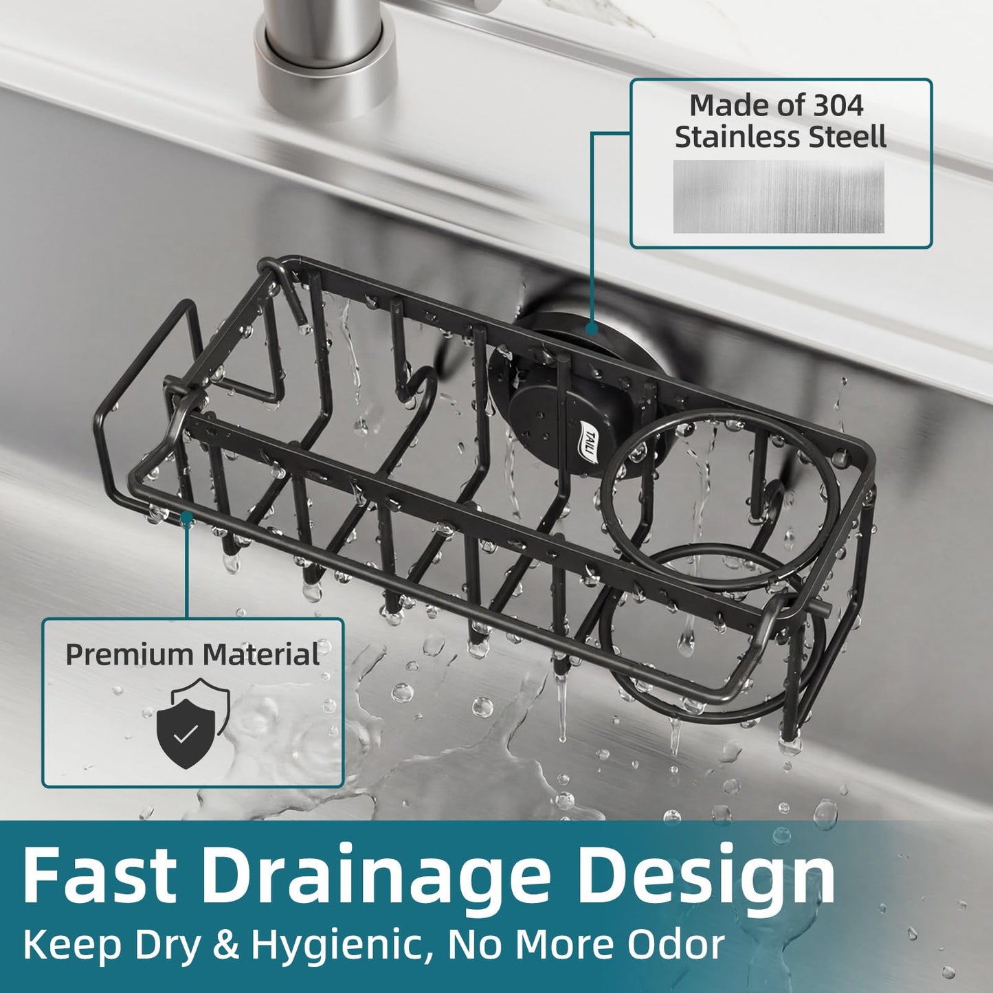 TAILI 4-in-1 Sink Caddy with Strong Suction Cup, Sponge Holder for Kitchen Sink Organizer, Removable, Rustproof, Stainless Steel Holder for Sponge, Brush, Scrubber, Scraper - Black