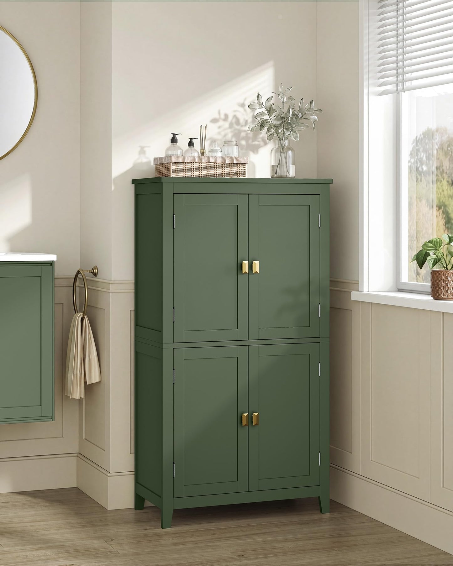 SONGMICS HOME Freestanding Storage Cabinet, Floor Cabinet with Elevated Legs, Metal Handles, for Living Room, Kitchen, Bathroom, Green