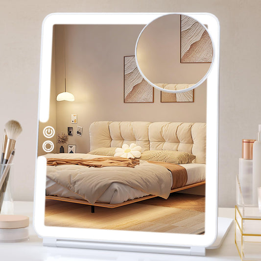 FUNTOUCH Rechargeable Large Travel Makeup Mirror with Lights, 2500mAh 10x7.5 Portable Lighted Makeup Mirror with 3 Color Lights, Dimming Folding Light Up Travel Mirrors with 10X Magnifying Mirror