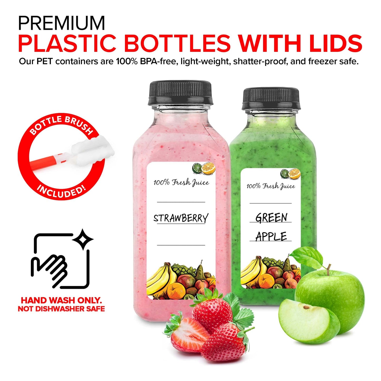 12 oz Juice Bottles with Caps for Juicing (12 pack) - Reusable Clear Empty Plastic Water Bottles - Drink Containers for Mini Fridge, Juicer Shots Includes Labels, Brush & Funnel