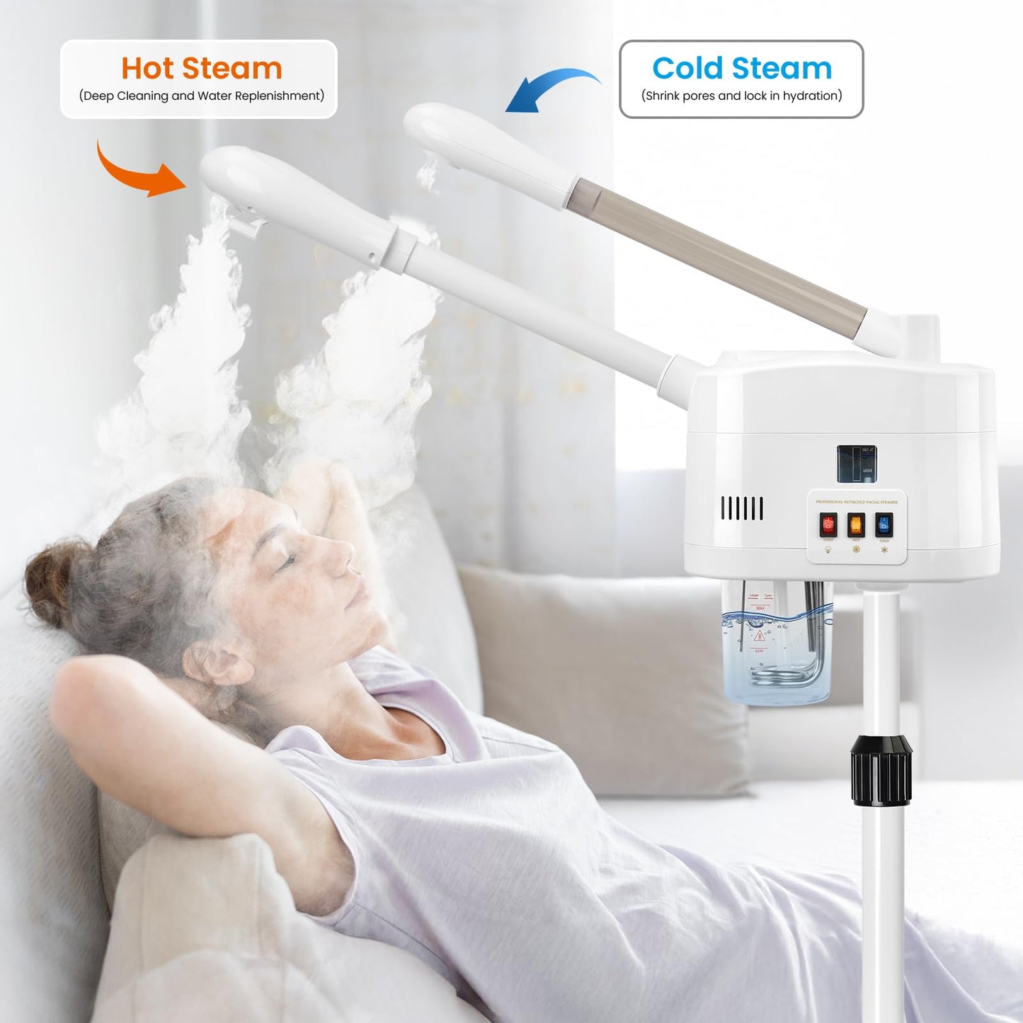 2 in 1 Hot & Cold Mist Facial Steamer, Professional Face Steamer on Wheels for Beauty Salon, Spa and Home Use