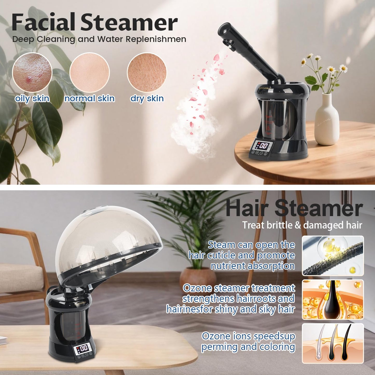 Qinrunkoi Hair Steamer 2 in 1 Face Steamer,Ozone Facial Steamer, Portable Tabletop Steamer Moisturizing Hydration Suitable for Home and Salon Personal Care