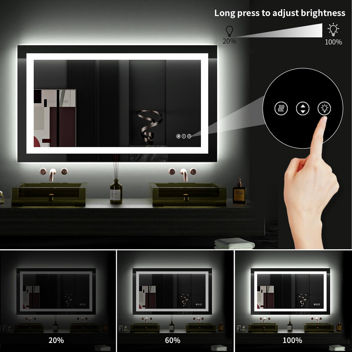 LOAAO 40X24 LED Bathroom Mirror with Lights, Anti-Fog, Dimmable, Backlit + Front Lit, Lighted Bathroom Vanity Mirror for Wall, Memory Function, Tempered Glass (Safe to Use)