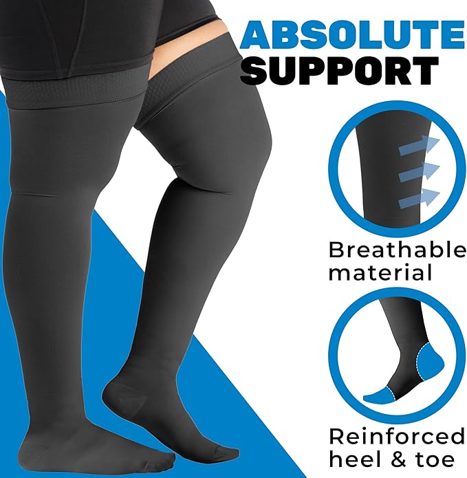 ABSOLUTE SUPPORT Plus Size Thigh Hi Compression Stockings for Men & Women 20-30mmHg, Opaque Over Knee Compression Socks with Wide Calf for Postpartum, Achilles Tendon, Embolism, DVT, Black, 3X-Large