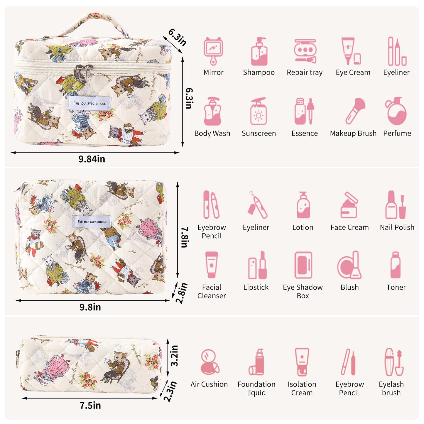 YINGJEE Large Quilted Makeup Bag for Women and Girls, Cute Coquette Floral Cotton Cosmetic Bag, Aesthetic Travel Organized Toiletry Bags (08-colorful cats)