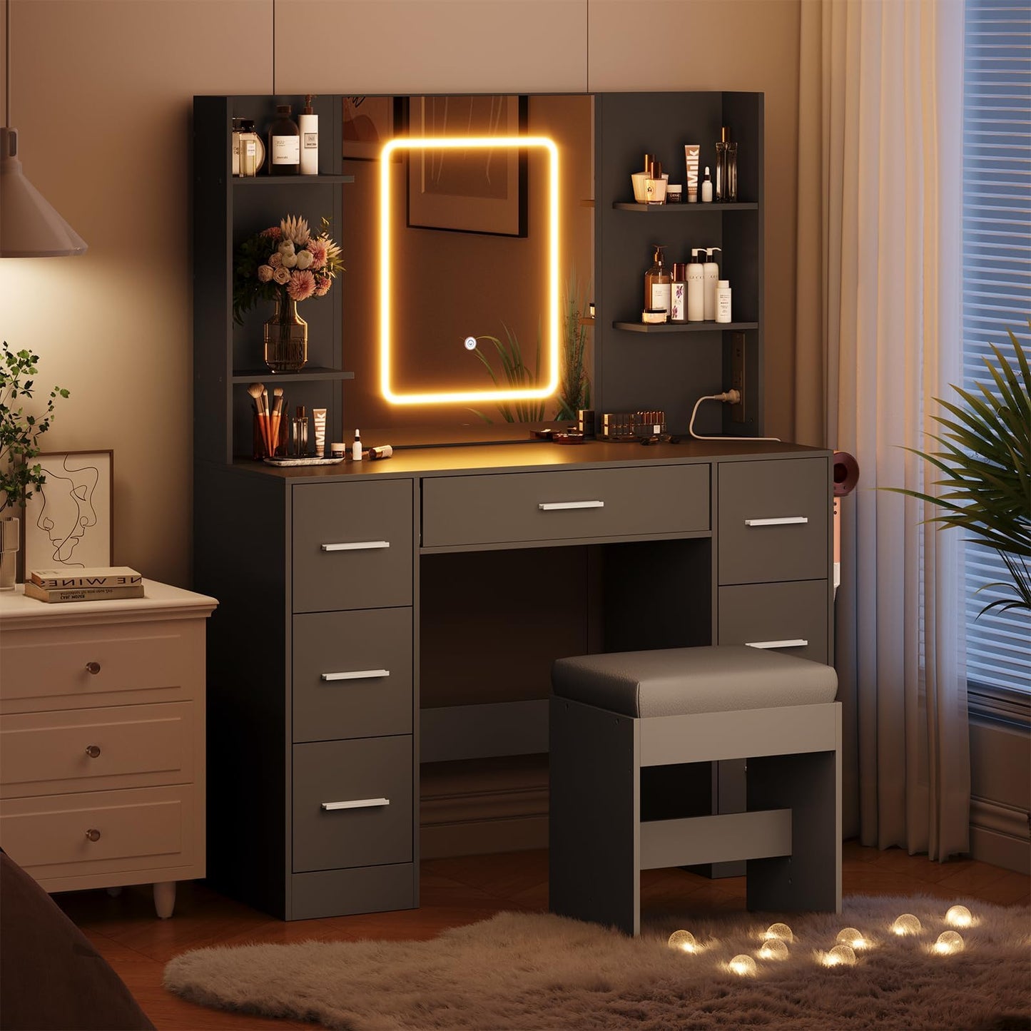 GAOMON Makeup Vanity with Mirror and Chair, Power Outlet, Hairdryer Holder, 7 Drawers, 3 Lighting Modes Brightness Adjustable Dressing Table for Bedroom