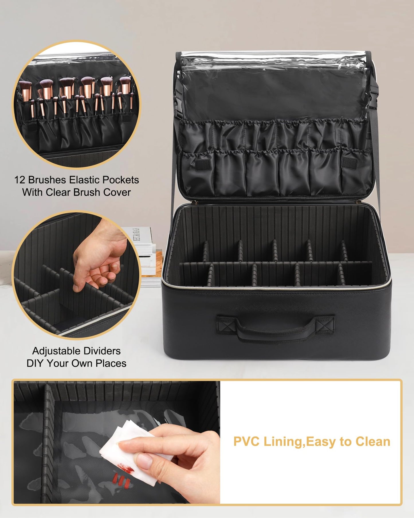 Relavel Extra Large Makeup Case Professional Cosmetic Storage Organizer Box Brush Holder with 4 Clear Set Bags for Makeup Artists with Shoulder Strap & Adjustable Dividers, Leather Black
