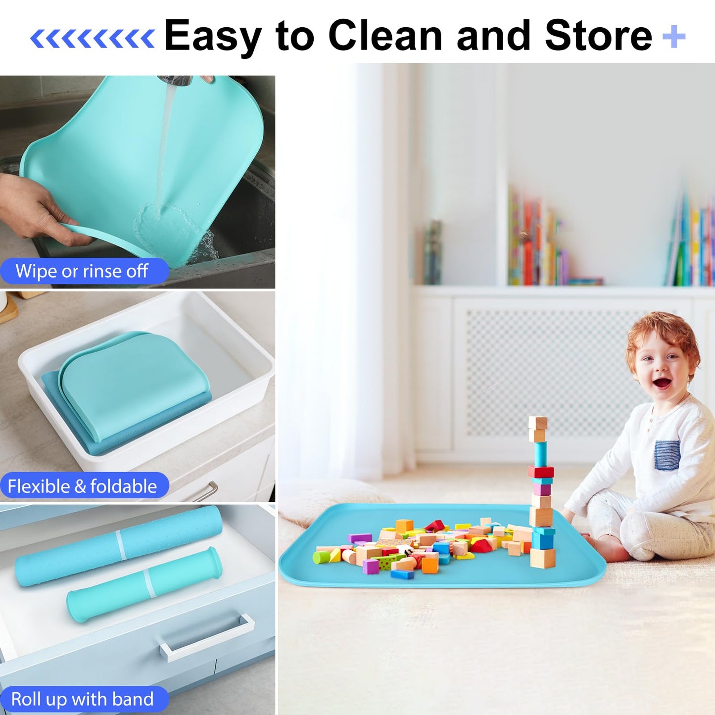 2 Pack Silicone Art Mats for Kids, 24 & 17 Inch Large Silicone Mat with Raised Lip, Rollable Washable Craft Mats for Playdough, Painting, Puzzles, Lego, Bead, Resin, Blue Mint