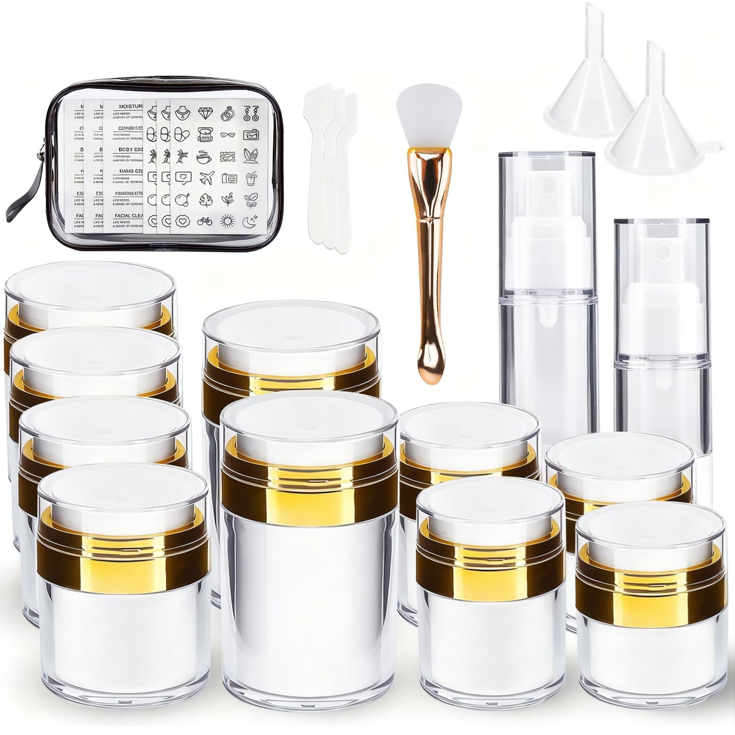 KOUWICH 20 Pack Airless Pump Jars Set, 3.34/1.7/1/0.5/oz Refillable Travel Size Containers, Gold Travel Bottles Empty Lotion Container, Glass Jars for Toiletries Moisturizer Container