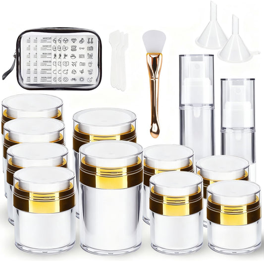 KOUWICH 20 Pack Airless Pump Jars Set, 3.34/1.7/1/0.5/oz Refillable Travel Size Containers, Gold Travel Bottles Empty Lotion Container, Glass Jars for Toiletries Moisturizer Container