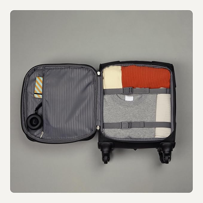 Amazon Basics Luggage, 15" Small Carry-On Softside Suitcase With Wheels, With Four 360-Degree Multi-directional Spinner Wheels, Expandable Space, Zippered Pocket and Straps, Telescopic Handle, Black