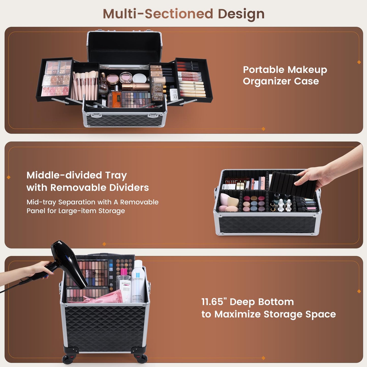 FRENESSA 3 in 1 Rolling Makeup Case Cosmetology Case on Wheel Vintage Black