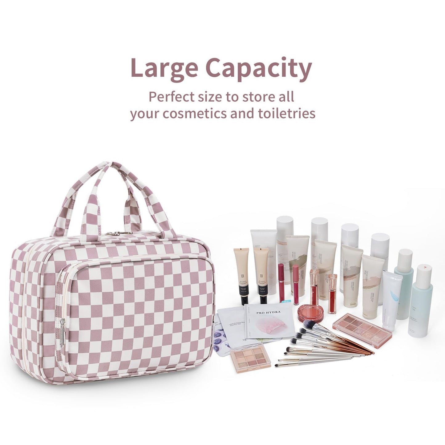 Narwey Travel Toiletry Bag for Women Large Hanging Makeup Bag Organizer Toiletries Bag for Full Size Essentials Accessories Cosmetics (Dusty Pink Checkerboard (Large))