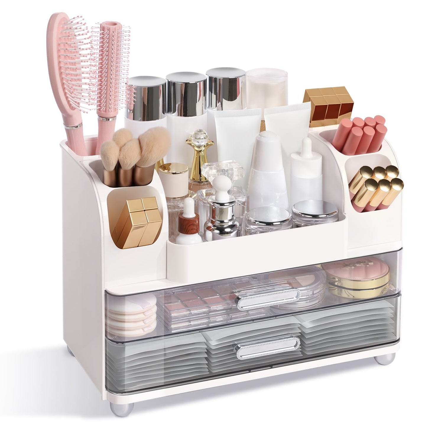 Brothersbox Makeup Organizer for Vanity with 2 Large Drawers and 6 Brush Holders, Large Bathroom Countertop Cosmetic Storage for Skincare, Lipstick, Nail Polish, Perfume, Gift for Women, White