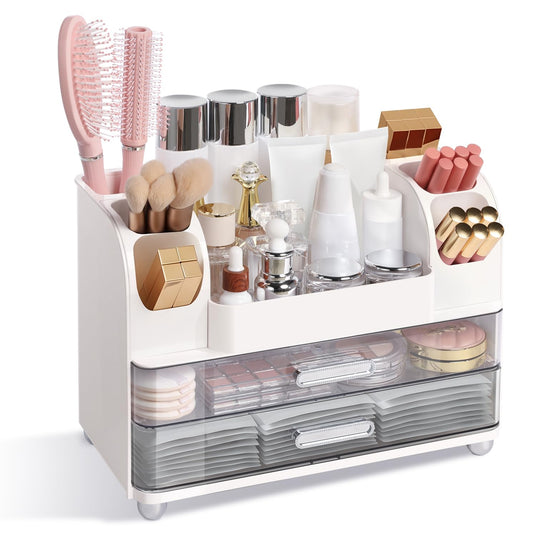 Brothersbox Makeup Organizer for Vanity with 2 Large Drawers and 6 Brush Holders, Large Bathroom Countertop Cosmetic Storage for Skincare, Lipstick, Nail Polish, Perfume, Gift for Women, White