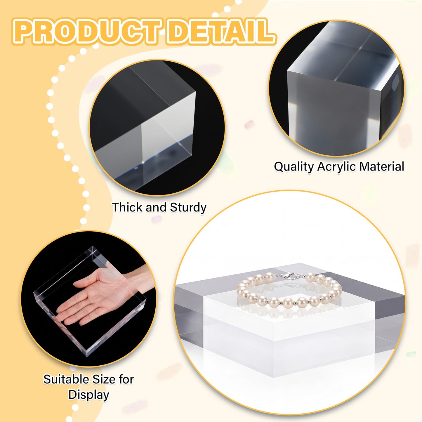 Qunclay 4 Pcs 6 x 6 x 2 Inches Acrylic Square Display Block Clear Polished Acrylic Cubes Jewelry Display Stand for Jewelry Ring Showcase Holder Base Collections