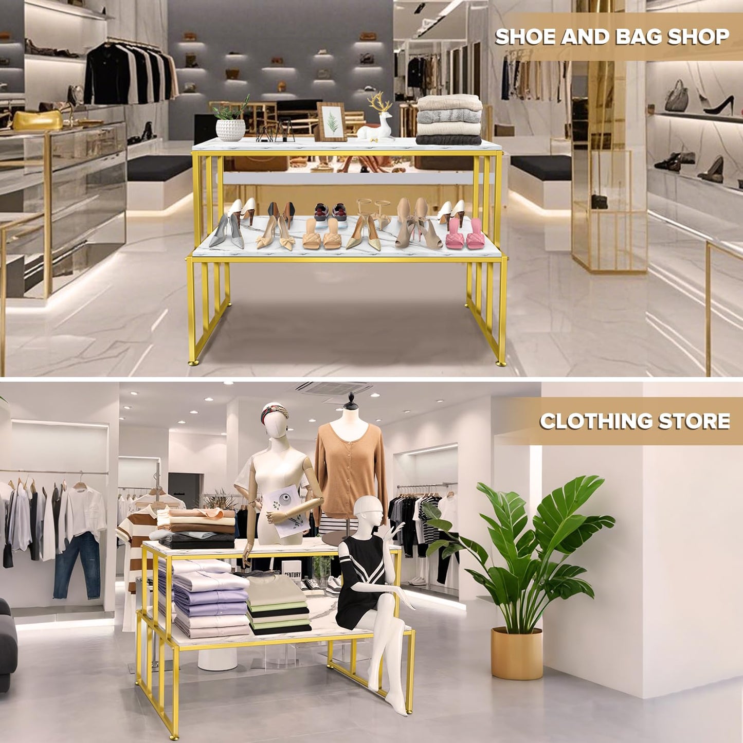 CIVANA 2 Tier Retail Display Table for Shoes & Handbags, Gold Metal and Wood Boutique Display Stand, Heavy Duty Display Riser Shelf for Clothing Stores, Vendor Events, Showroom & Home, 45.2"