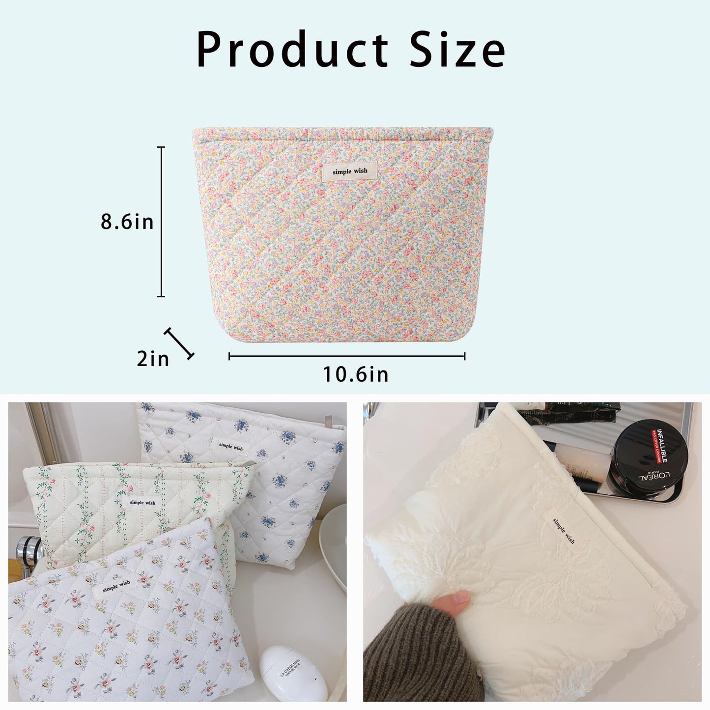 uekeboag Quilted Floral Cotton Makeup Pouch,Coquette Quilted Cosmetic Bag for Women and Girls, Aesthetic Organizer Bag, Flower Cute Travel Toiletry Bags(09 Purple and Pink)