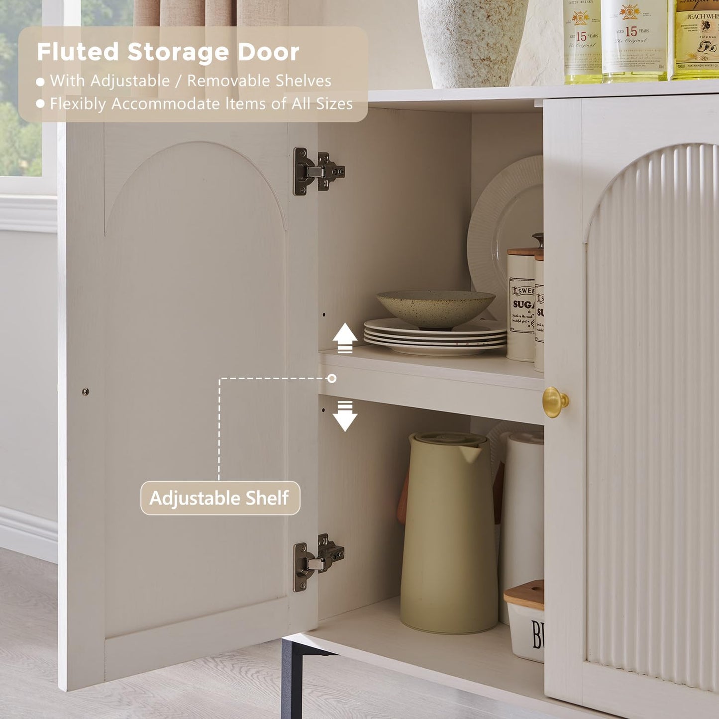 IFGET Modern Buffet Cabinet with Storage, 34" Tall Fluted Arched Sideboard Cabinet w/Adjustable Shelves, Wooden Modular Coffee Bar for Dining Room, Kitchen, Living Room, Entryway, White