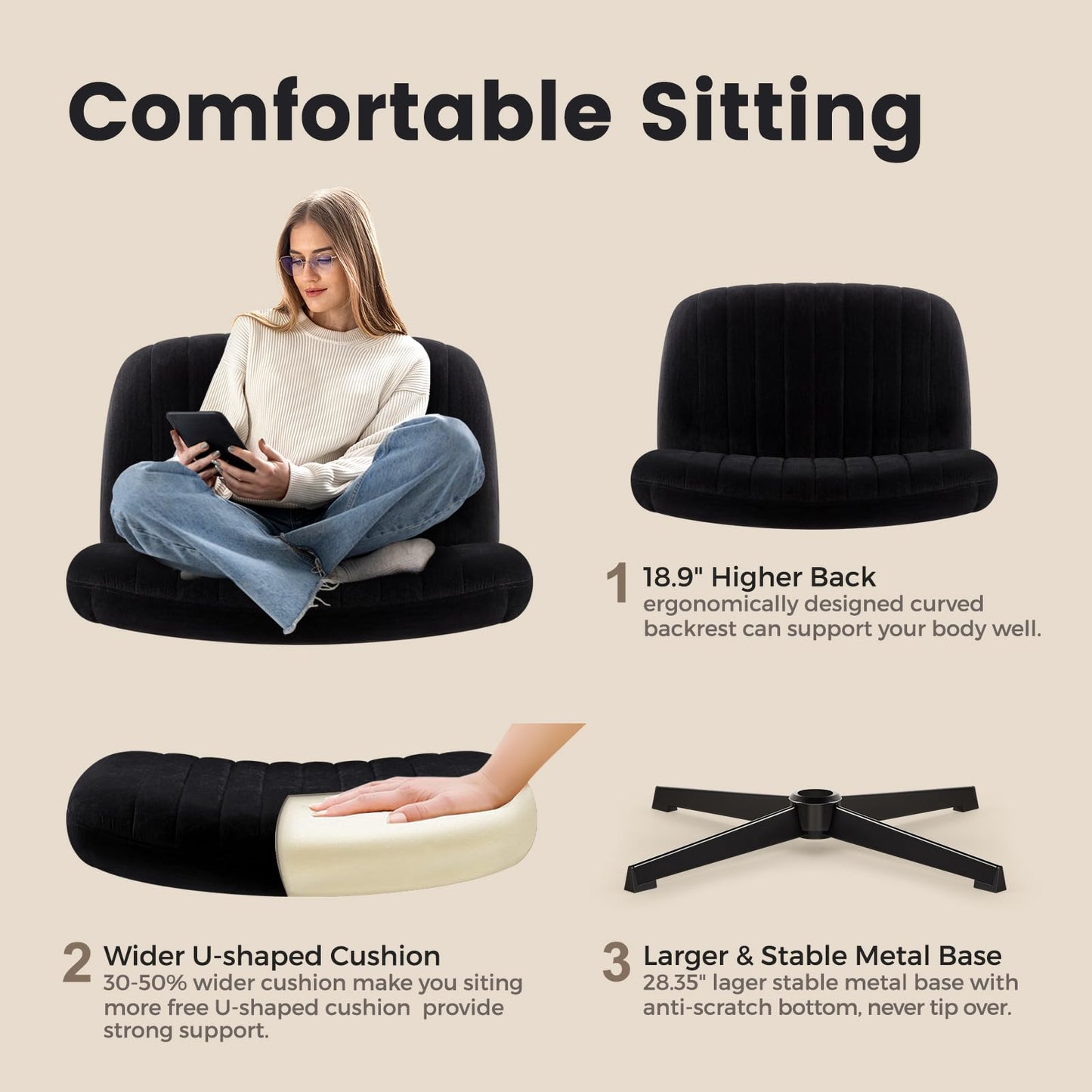 IWMH Criss Cross Chair, Cross Legged Office Chairs no Wheels, Armless Wide Seat Desk Chair with Adjustable Height for Home, Vanity, Bedroom (Black)