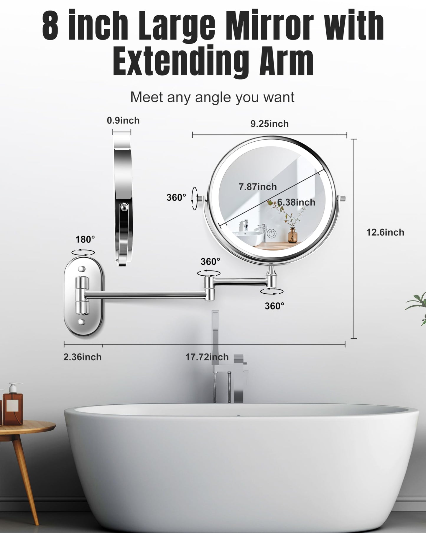 Wall Mounted Makeup Mirror with Light, 30X/1X 8'' Double Sided LED Magnifying Bathroom Lighted Vanity Mirror with Magnification, 3 Color Light up Touch Dimmable Extended Arm 360 Rotation