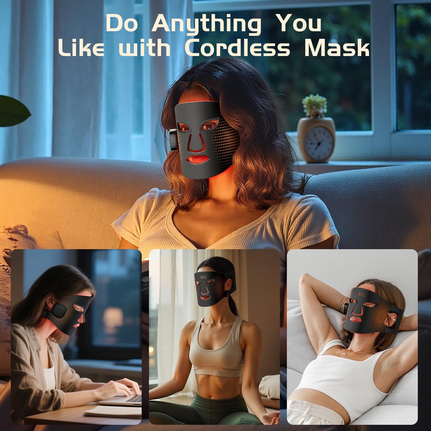 BNU Wireless Red Light Therapy for Face, 4 Modes LED Light Therapy Mask with 400 LED Beads, Dual 1000mAh Remote Control, 850NM Infrared Red Light Therapy for Anti-Aging at Home & Travel