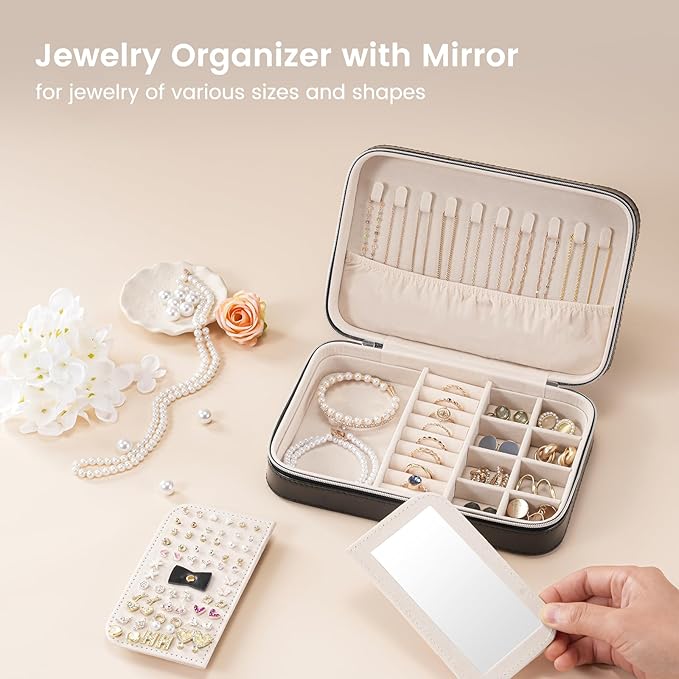 Lolalet Travel Jewelry Case for Women Girls, Travel Jewelry Organizer Box with Mirror & Clear Storage Bag, Small Portable Earring Necklace Bracelet Ring Case, Birthday Christmas Gifts -Medium, Black
