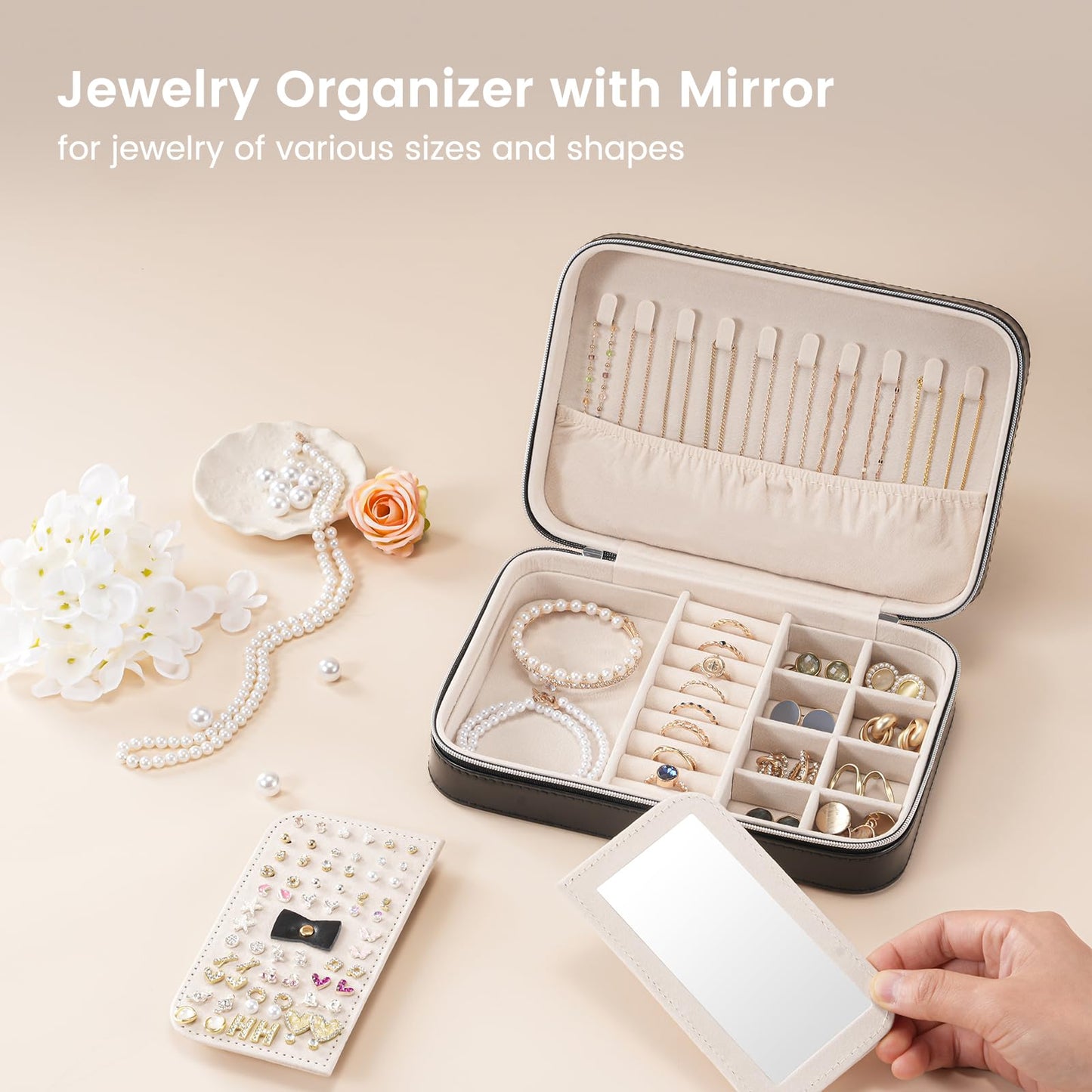 Lolalet Travel Jewelry Case for Women Girls, Travel Jewelry Organizer Box with Mirror & Clear Storage Bag, Small Portable Earring Necklace Bracelet Ring Case, Birthday Valentine Gifts -Medium, Black