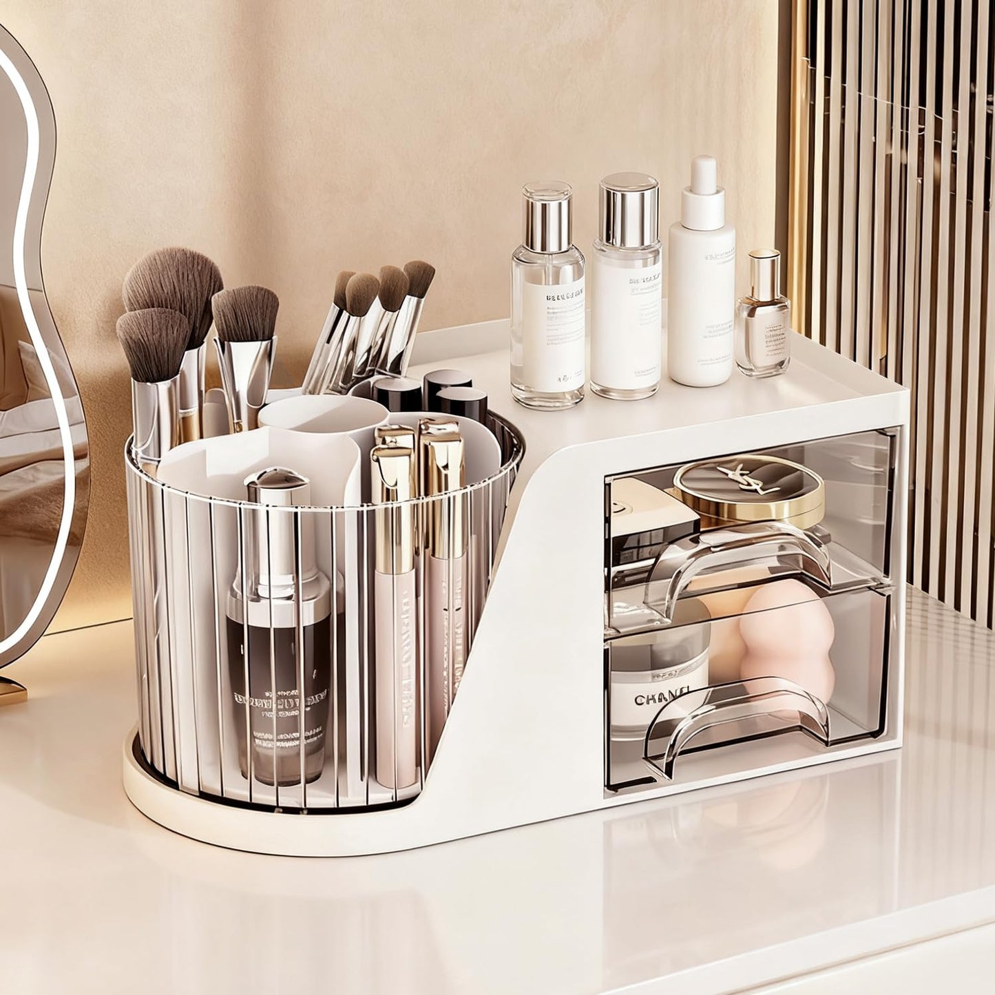 KHNR Makeup Organizer for Vanity, Vanity Organizer with 2 Drawers and Rotating Brush Holder, Bathroom Organizer Countertop, Cosmetic Organizer for,Lipsticks,Nail Polish (White)