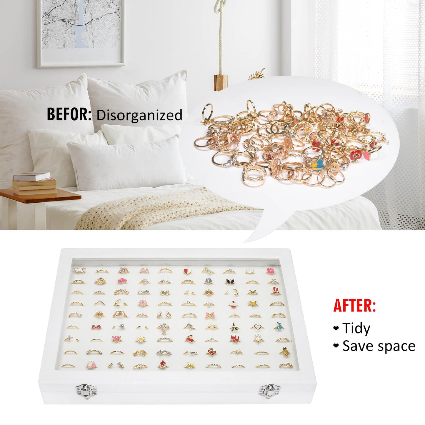 Vicoter Rings Organizer Tray 100 Slot Velvet Ring Earring Storage Box TranSparent Cover Jewelry Store Ring Display Box Jewelry Display Cabinet for Girl Wife Mother