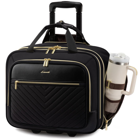 LOVEVOOK Rolling Laptop Bag Women, 17.3 Inch Laptop Briefcase with Wheels for Work Travel Business, Underseat Carry On Luggage Case,Black