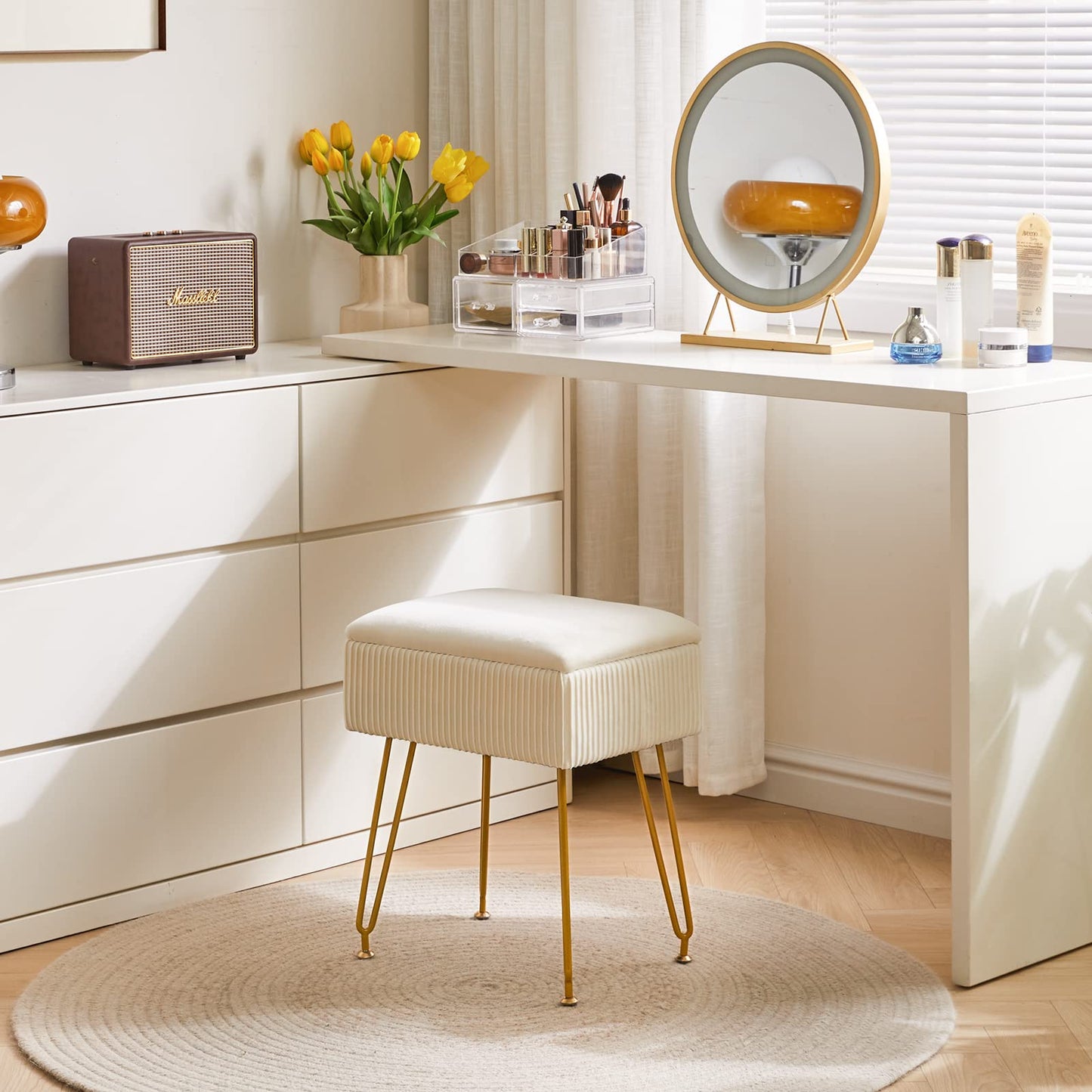 YMYNY Vanity Stool Chair with Storage, Square Ottoman Foot Stool, Modern Multifunctional Makeup Stool for Bedroom, Living Room, Office, Gold Legs, 18.9 * 15.75 * 11.6", Beige, UHBD024M