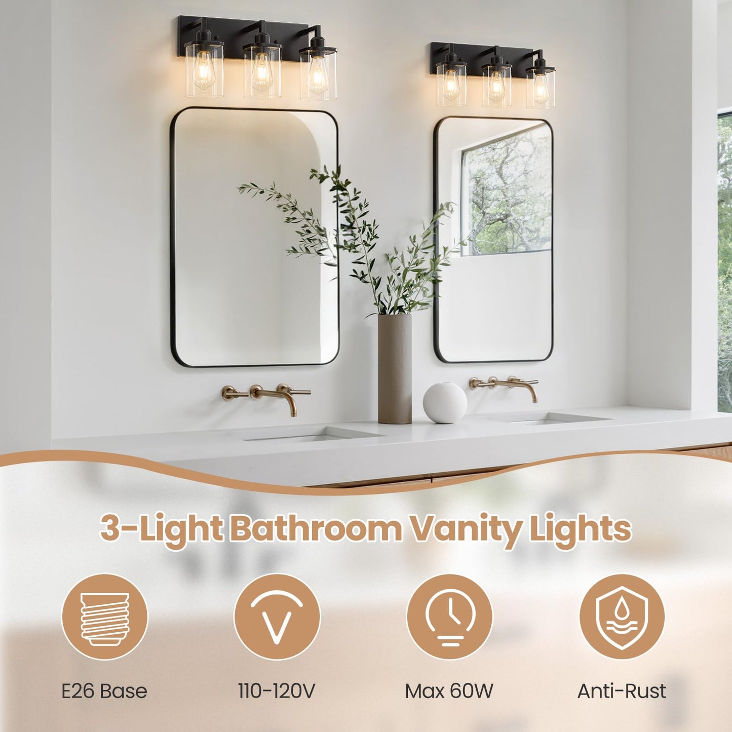 Ablwigh 3-Light Bathroom Vanity Light Fixtures, Modern Matte Black Bathroom Lighting Fixtures Over Mirror with Square Clear Glass Shades, Bath Wall Sconce Lights for Dressing Table, Bedroom, Hallway