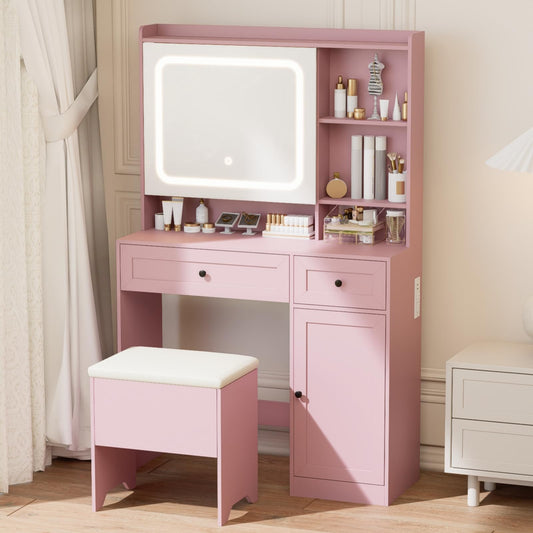Hogxp Vanity Table with Hidden Storage & LED Mirror - Includes Padded Stool, 5 Compartments, 2 Drawers & 1 Storage Cabinet - Ideal Bedroom Makeup Dressing Table Pink