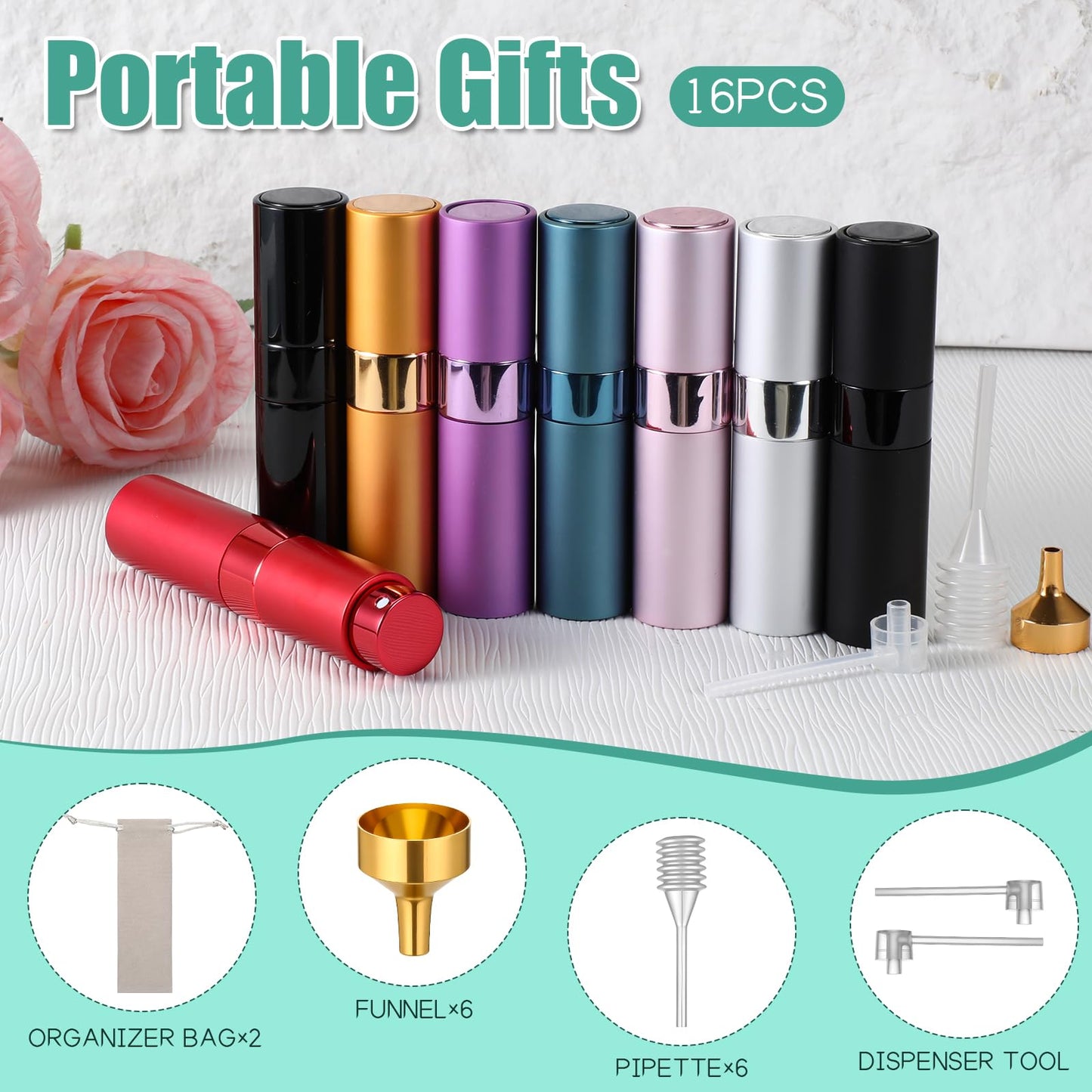 LIQWEI 16 Pack 8ML Travel Refillable Perfume Atomizer, Mini Refillable Perfume Bottle Empty Cologne Sprayer Bottle Portable Spray Bottles with Velvet Bag for Travel(Multicolor)