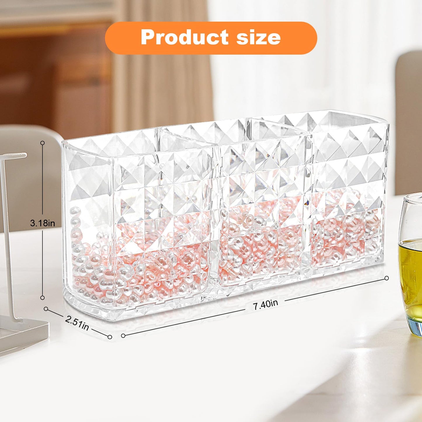 Obsoorth Makeup Brush Holder 3 Slots Acrylic Clear Hair Brush Holder with Pink and White Pearls, Makeup Organizer Brushes for Vanity Office and Bathroom