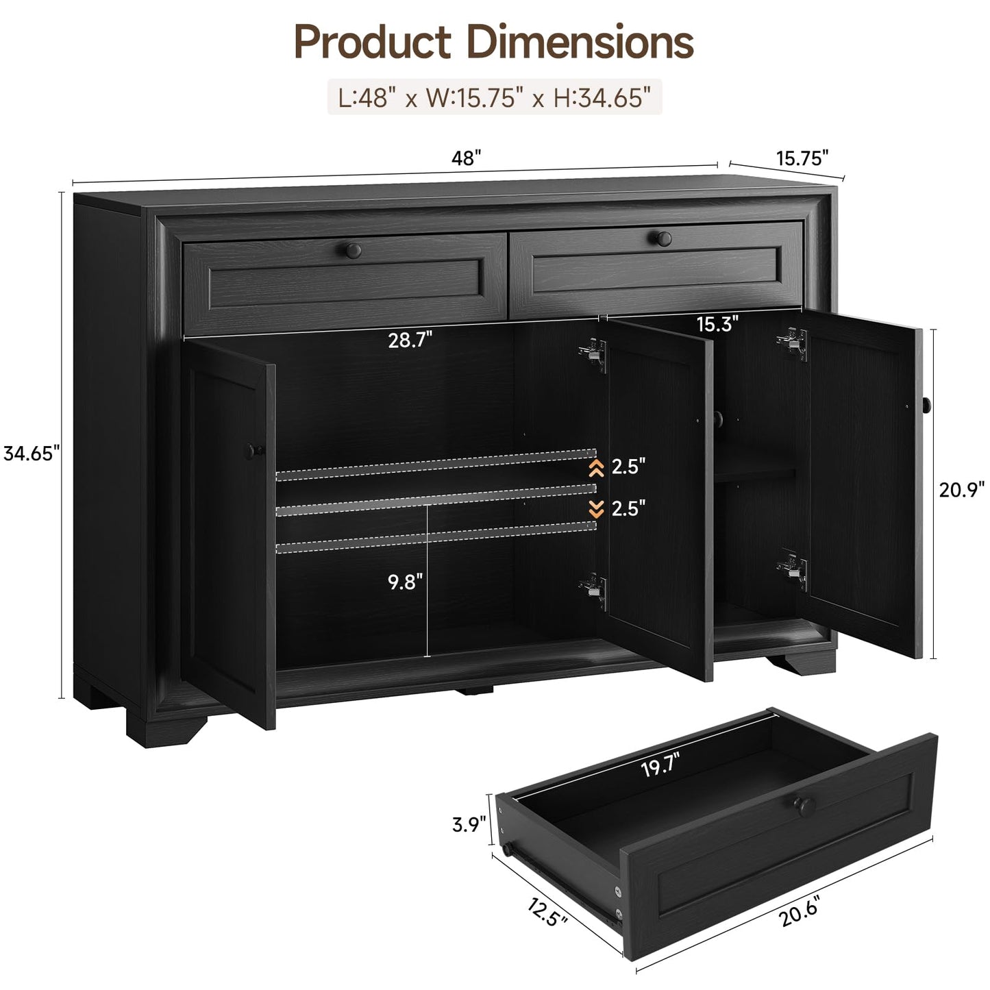 ONBRILL 48 Inches Sideboard Buffet Cabinet with Storage, Farmhouse Sideboard with 2 Drawers and 3 Doors, Wood Coffee Bar Cabinet with Adjustable Shelves for Living Room, Kitchen, Hallway, Black