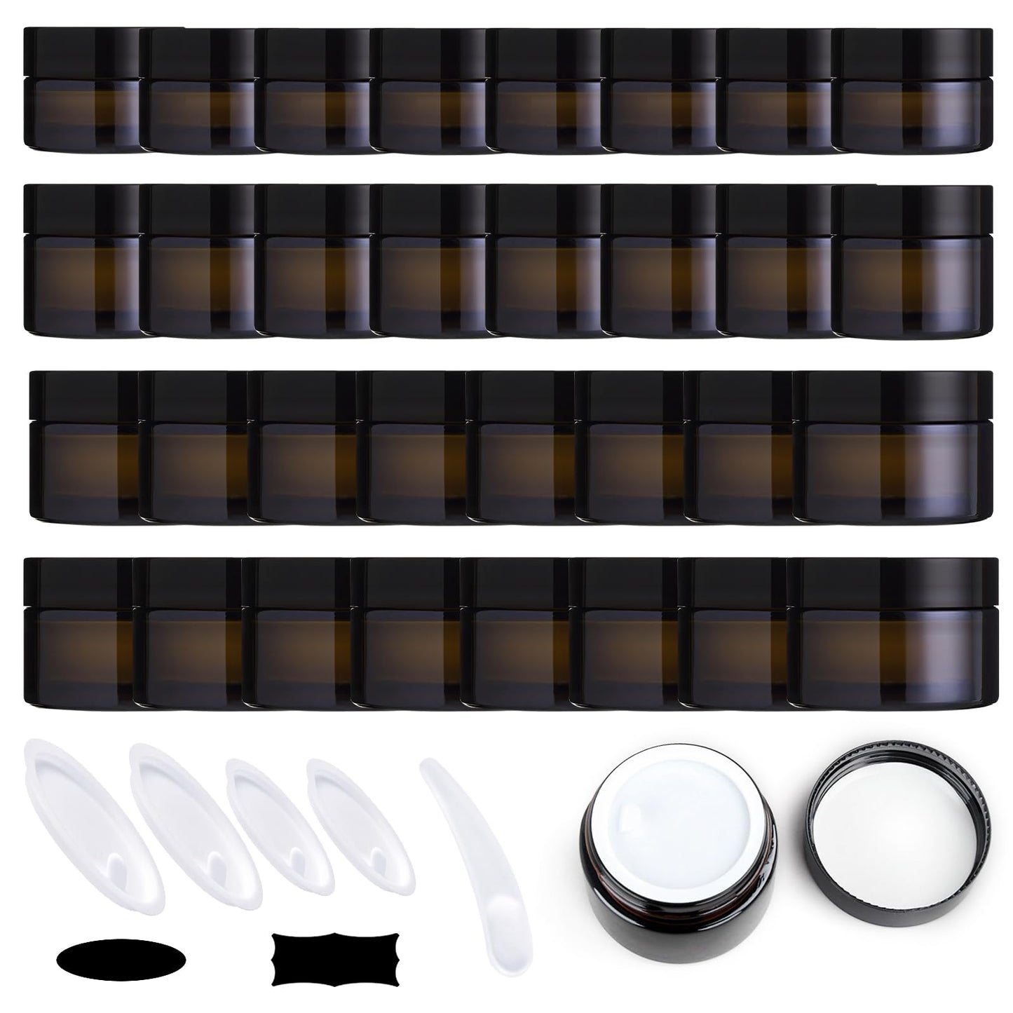 Yauhar 192Pcs 5g 10g 15g 20g Amber Glass Jars Assorted Kit with Black Lids, Inner Liners, Spoons and blank labels for Storing Lip and Body Scrub, Bath Salts, Lotion, Body Butter