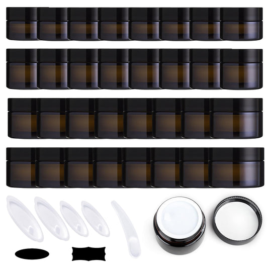 Yauhar 192Pcs 5g 10g 15g 20g Amber Glass Jars Assorted Kit with Black Lids, Inner Liners, Spoons and blank labels for Storing Lip and Body Scrub, Bath Salts, Lotion, Body Butter