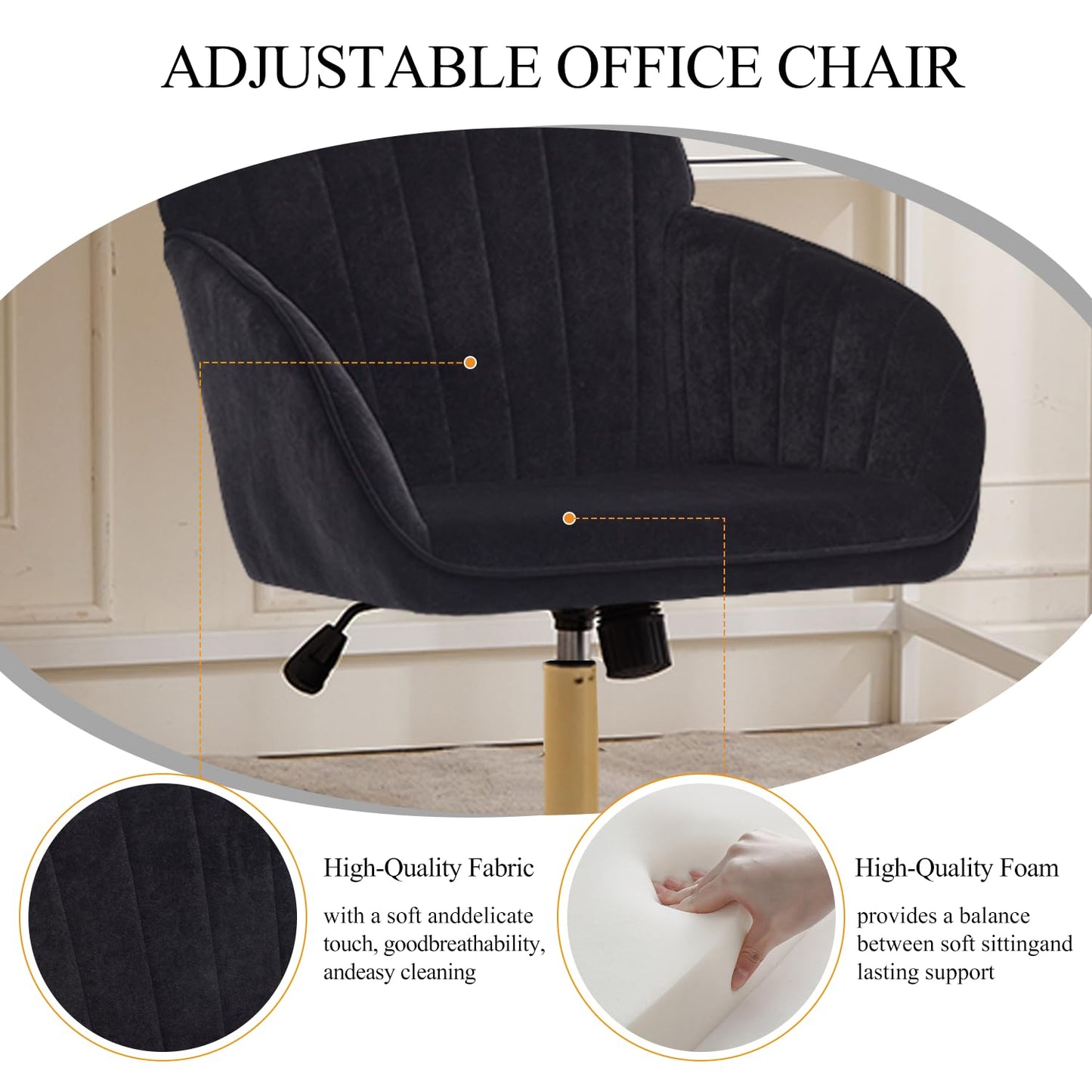 Klwenas Maec Black Velvet Desk Chair for Home Office, Modern Adjustable Computer Task Chair Swivel Chair Cute Vanity Chairs with Arm Rest for Bedroom Living Room Make-up Room (Black-Gold)