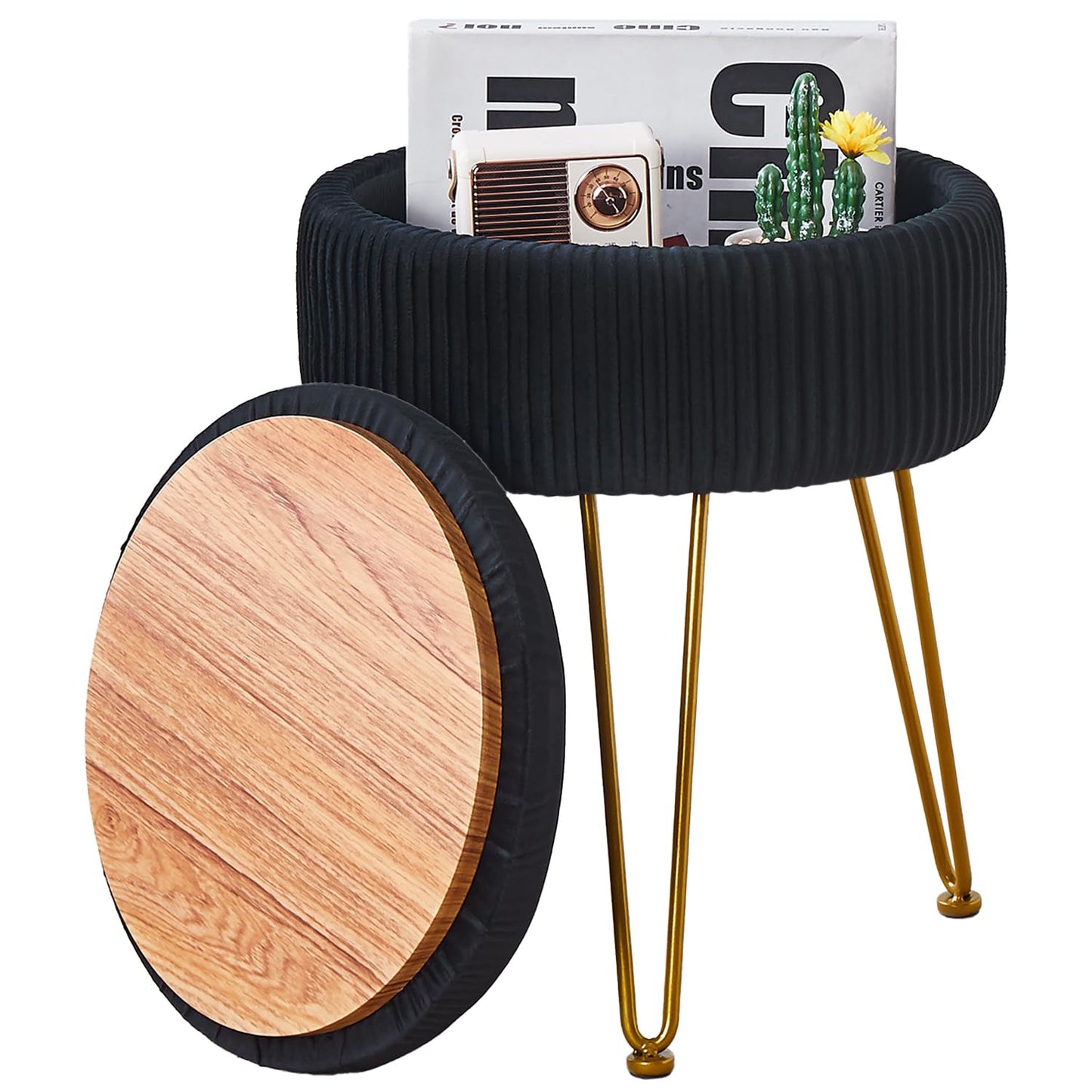 Wimarsbon Vanity Stool Vanity Chair with Storage, Velvet Makeup Stool, Soft Ottoman with Anti-Slip Feet, Furry Padded Seat for Makeup, Bedroom Black